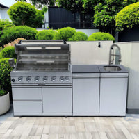 Castelle Flame Tuscany Outdoor BBQ Liquid Propane Kitchen Grill Island With 43-Inch 6-Burner 85K BTU Propane Gas Grill, Rotisserie Kit, And Storage Cabinets