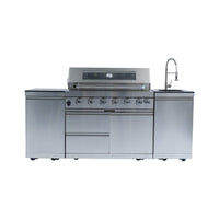 Castelle Flame Tuscany Outdoor BBQ Liquid Propane Kitchen Grill Island With 43-Inch 6-Burner 85K BTU Propane Gas Grill, Rotisserie Kit, And Storage Cabinets