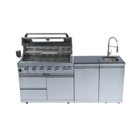 Castelle Flame Tuscany Outdoor BBQ Liquid Propane Kitchen Grill Island With 43-Inch 6-Burner 85K BTU Propane Gas Grill, Rotisserie Kit, And Storage Cabinets